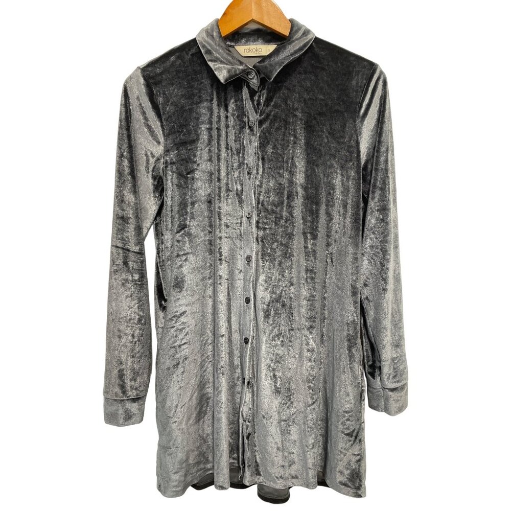 Rokoko By Dazz Button Front Velour Tunic Shirt Size Small Collared Gray Polyeste